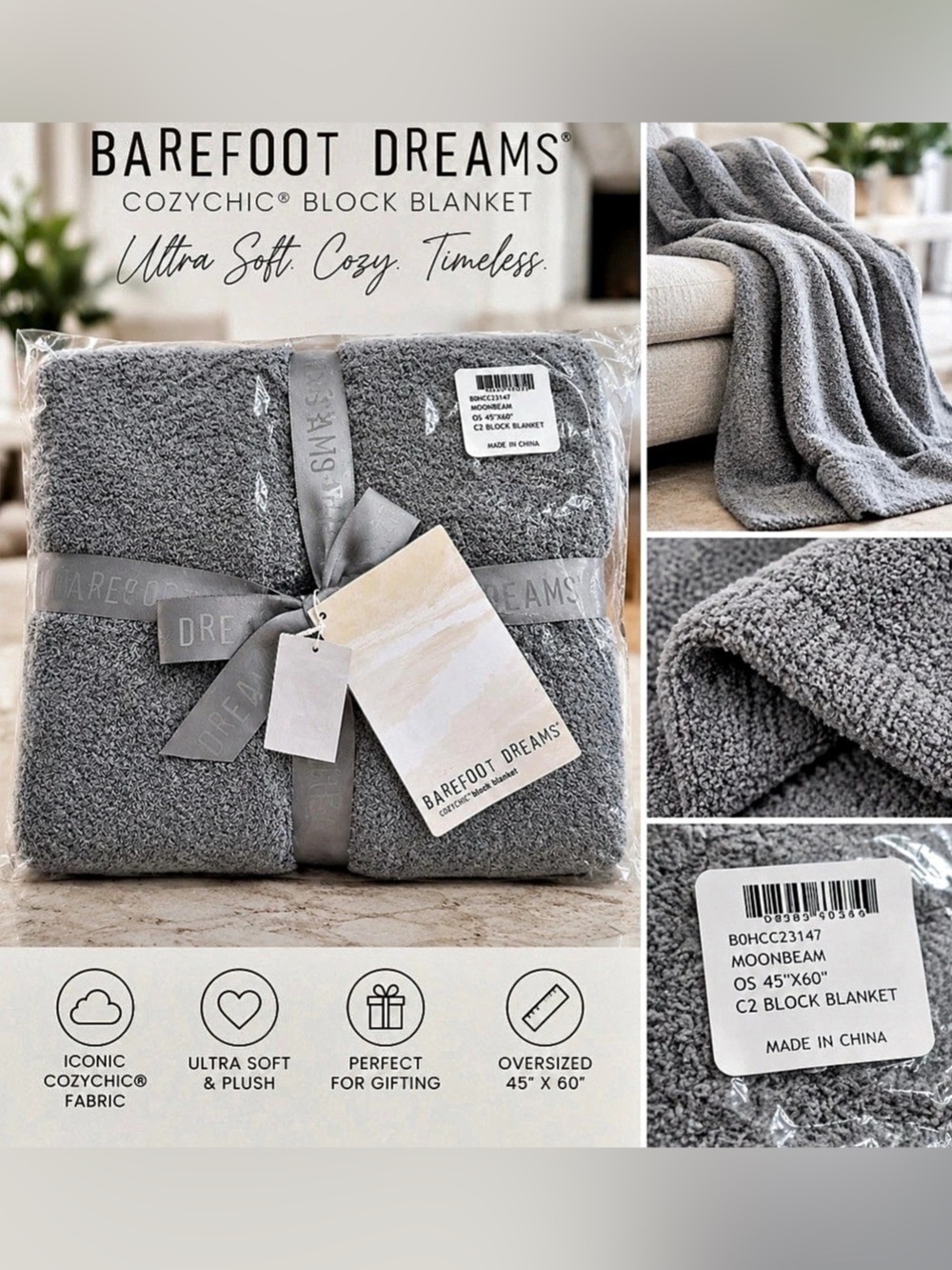 NWT Barefoot Dreams Cozychic Block Blanket Gray Blanket